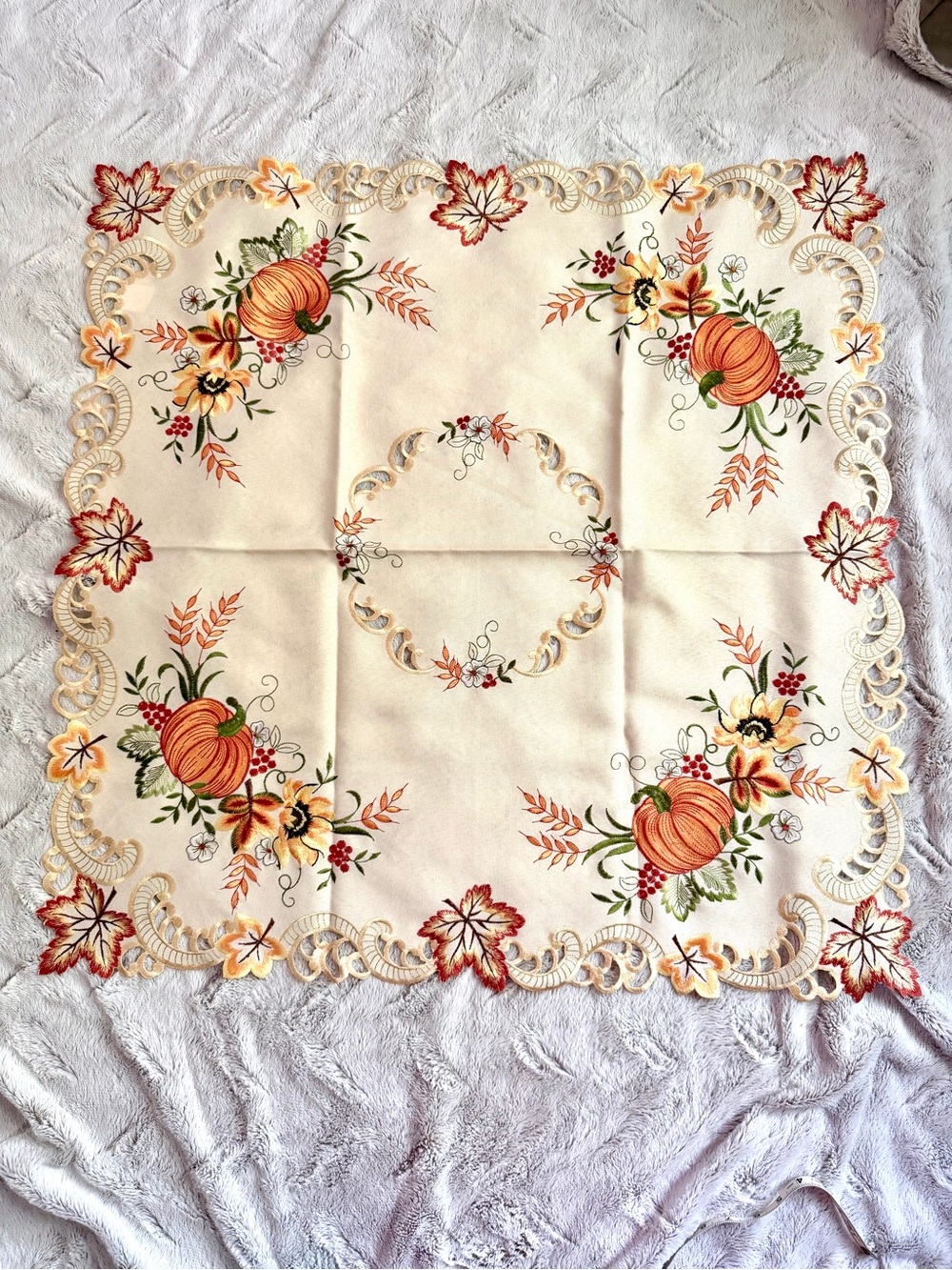 Fall Harvest Embroidered Pumpkin Sunflower Table Topper Cutwork Lace 33x33